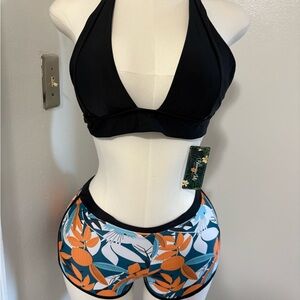 Black Halter Bikini Top with Tropical Orange & Teal Print Shorts NWT Large